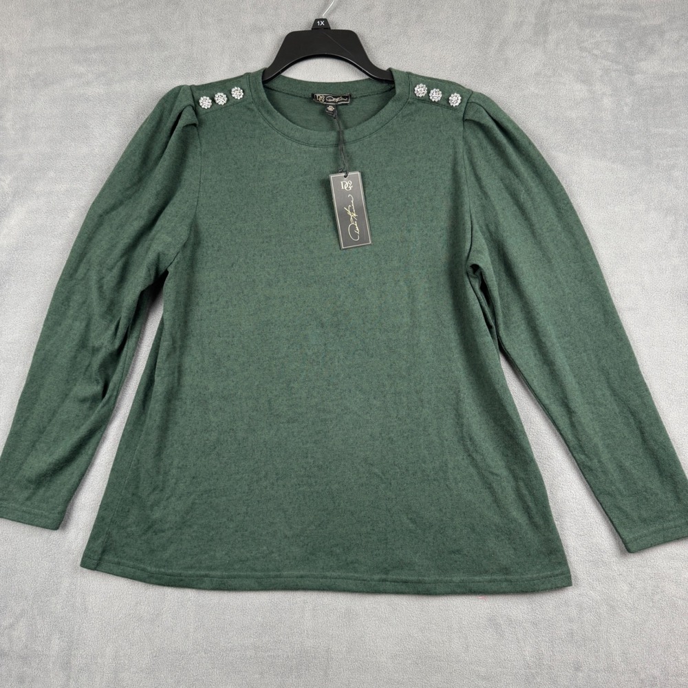 DG2 Diane Gilman Green Embellished Shoulder Puff Sleeve Knit Top XL New